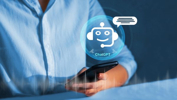Ilustrasi pengguna berinteraksi dengan chatbot AI di layar perangkat