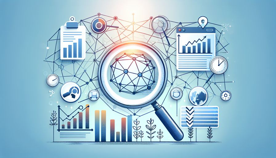 Blau-weiße Analytics-Grafiken mit vergrößernder Lupe, Balken- und Verlaufsdiagrammen – Webanalyse und Traffic-Auswertung für bessere SEO-Strategien.