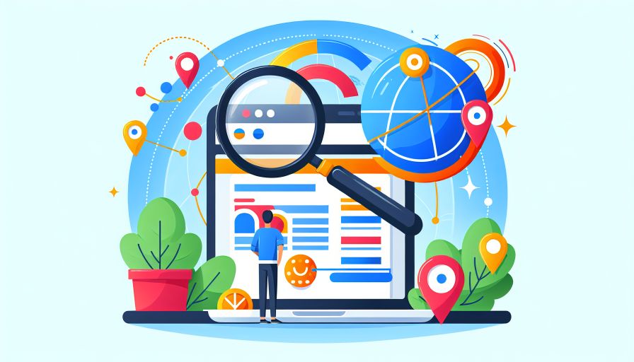 Illustration zur Onpage-Optimierung: Lupe über Browser-Layout mit Karte und Standort-Pins, Symbole für SEO und lokales Marketing.