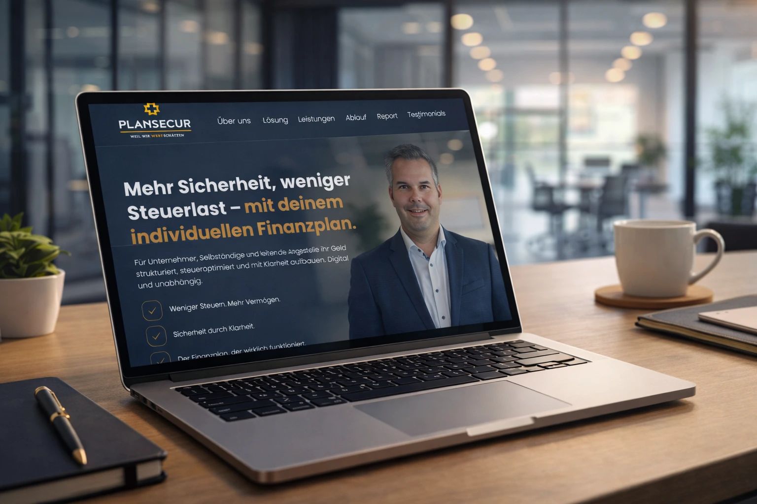Laptop mit Finanzplan-Webseite zur Optimierung von Steuern und Vermögen für digitale und unabhängige Beratung.