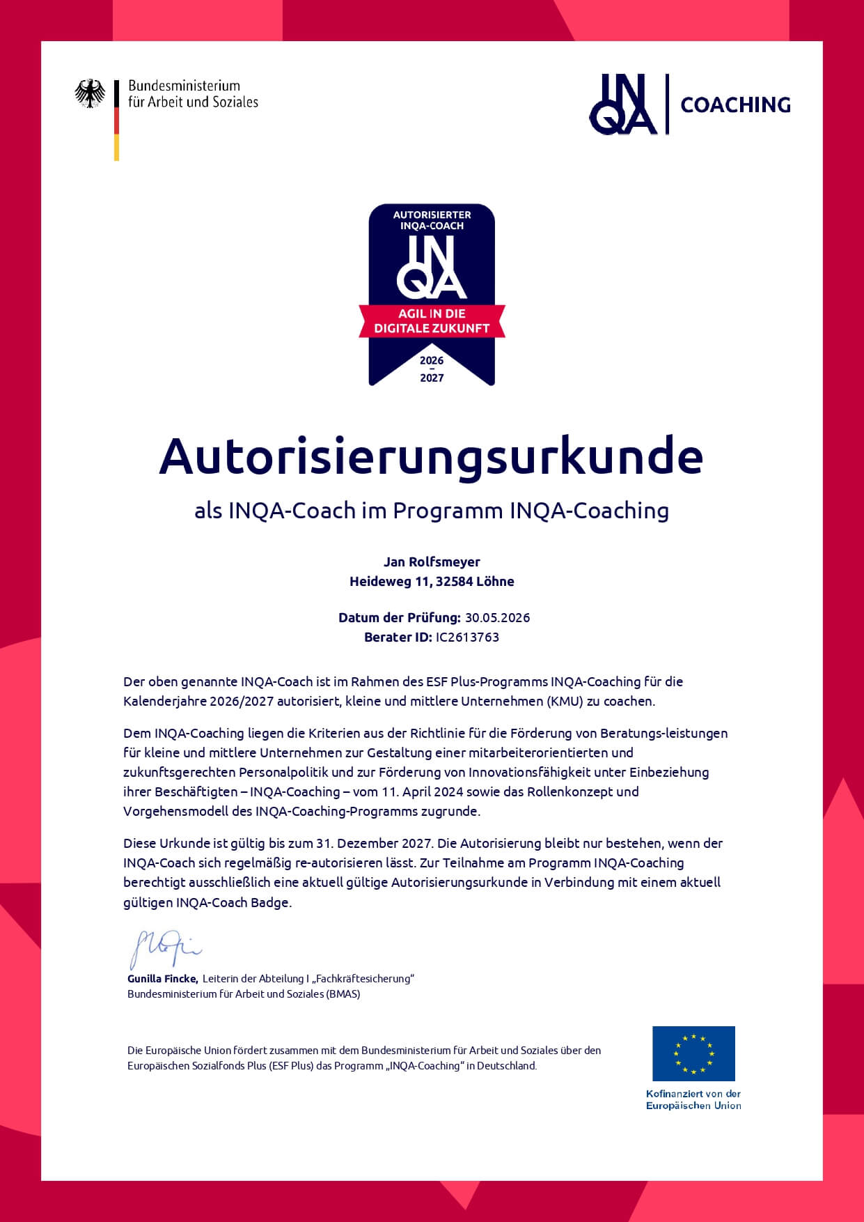 Anerkennungsurkunde als autorisierter INQA-Coach im INQA-Coaching-Programm für digitale Transformation und Förderung
