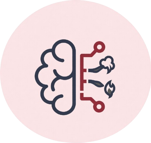 Ein stilisiertes Gehirn trifft auf ein Schaltkreis-Symbol, ergänzt durch Wolken- und Flammenelemente in Rot und Dunkelblau.