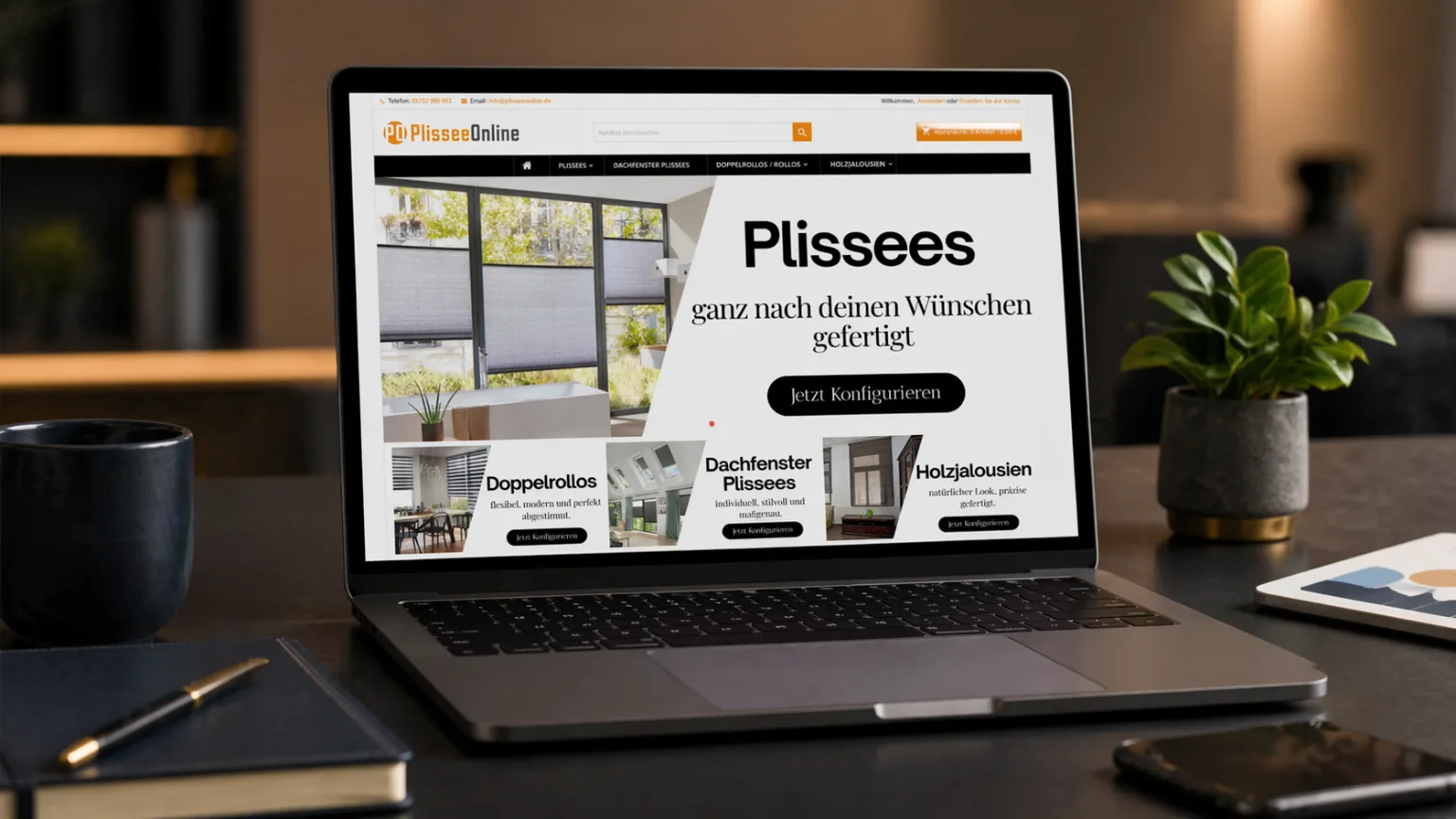 Laptop mit Webseite von PlisseeOnline, auf der individuell angefertigte Fensterdekorationen angeboten werden.