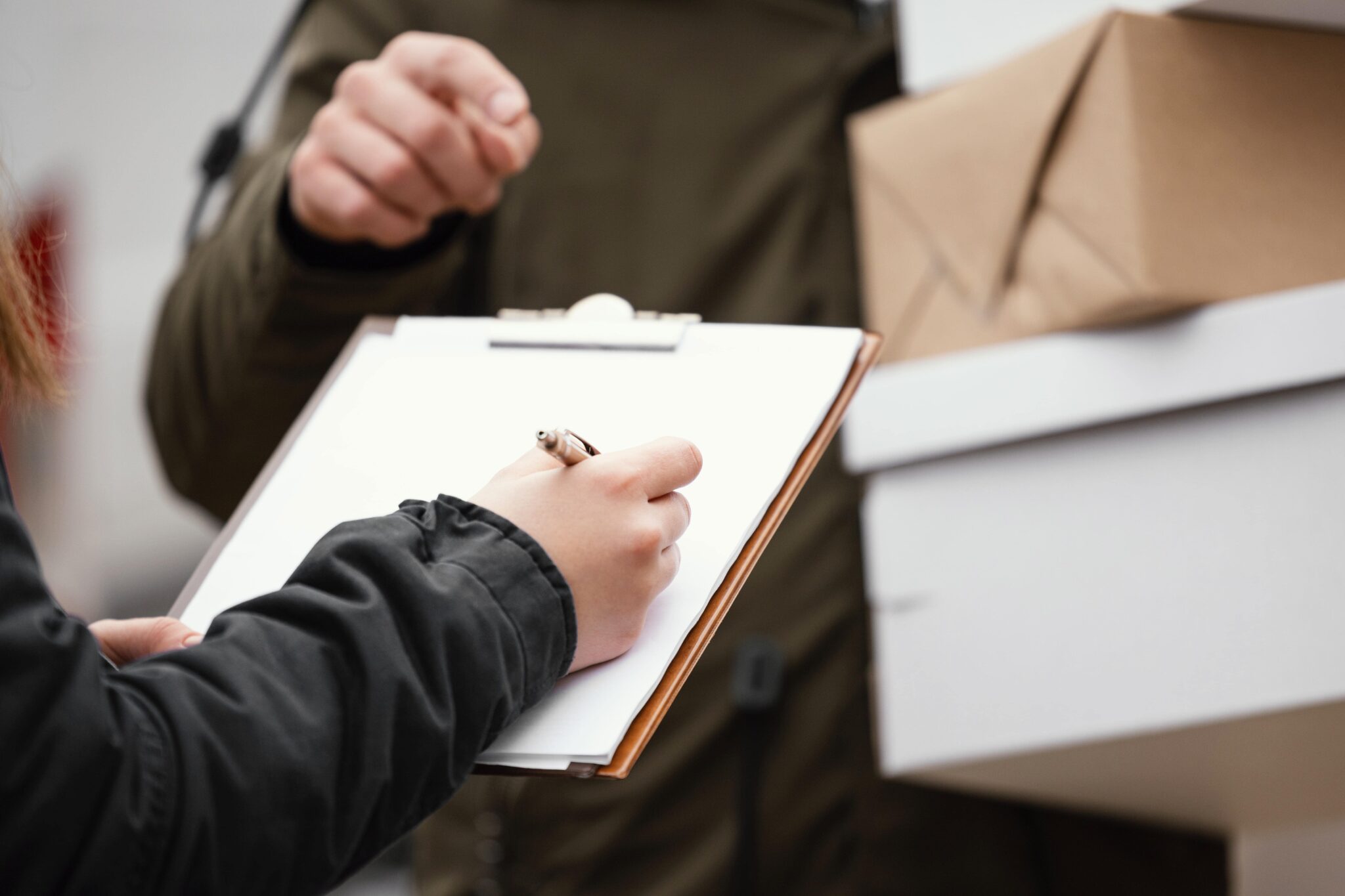 Lieferung von Paketen: Empfänger unterschreibt Empfangsbestätigung. Effiziente Logistik und Lieferdienste im Überblick.
