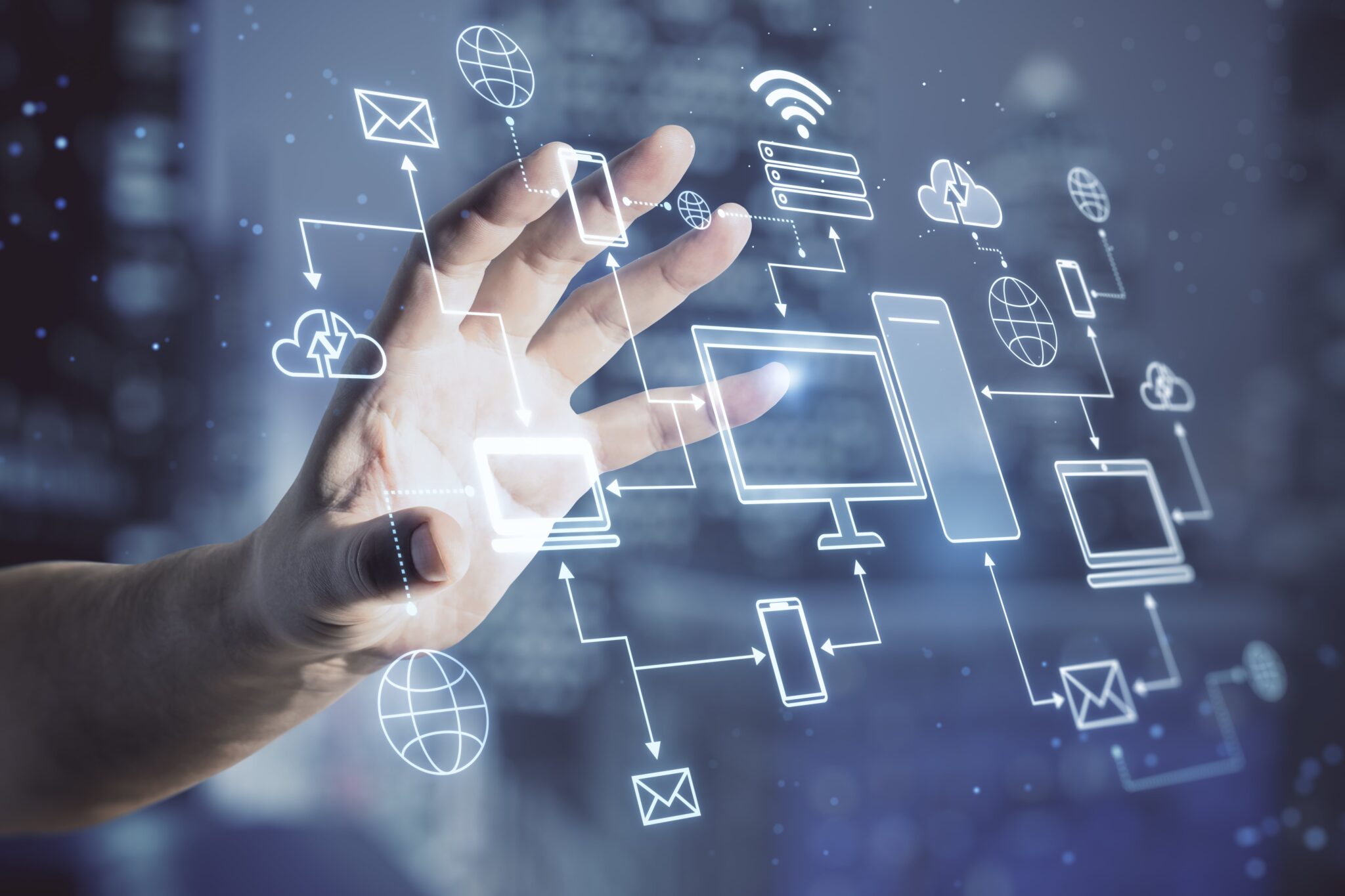 Hand interagiert mit digitalen Symbolen, Technologienetzwerk auf einem Unternehmens-Blog über digitale Transformation.