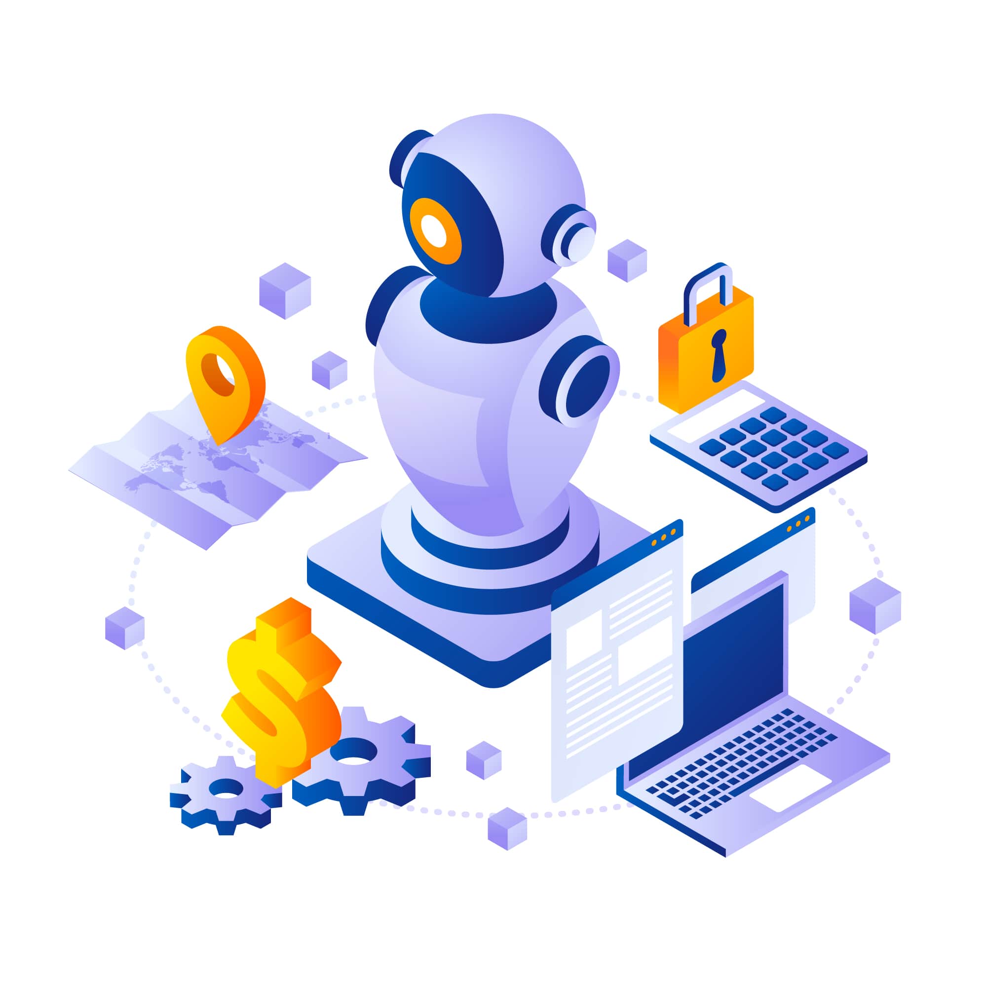 KI im Online-Marketing: Illustration eines Roboters, umgeben von Karte, Laptop und Zahnrädern zur Optimierung.