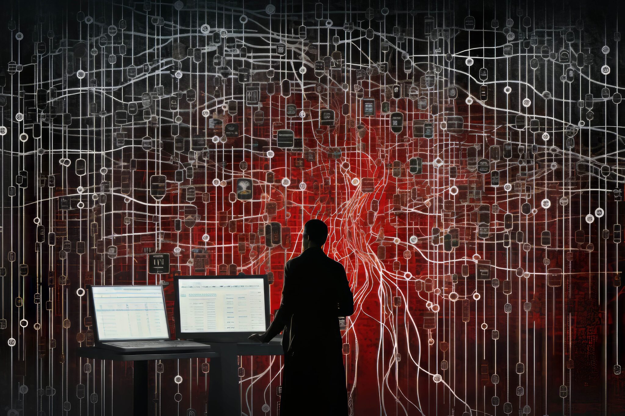 Ein Mensch vor einem Datenstrom, der die Komplexität von Cybersicherheit und Datenanalysen visualisiert.