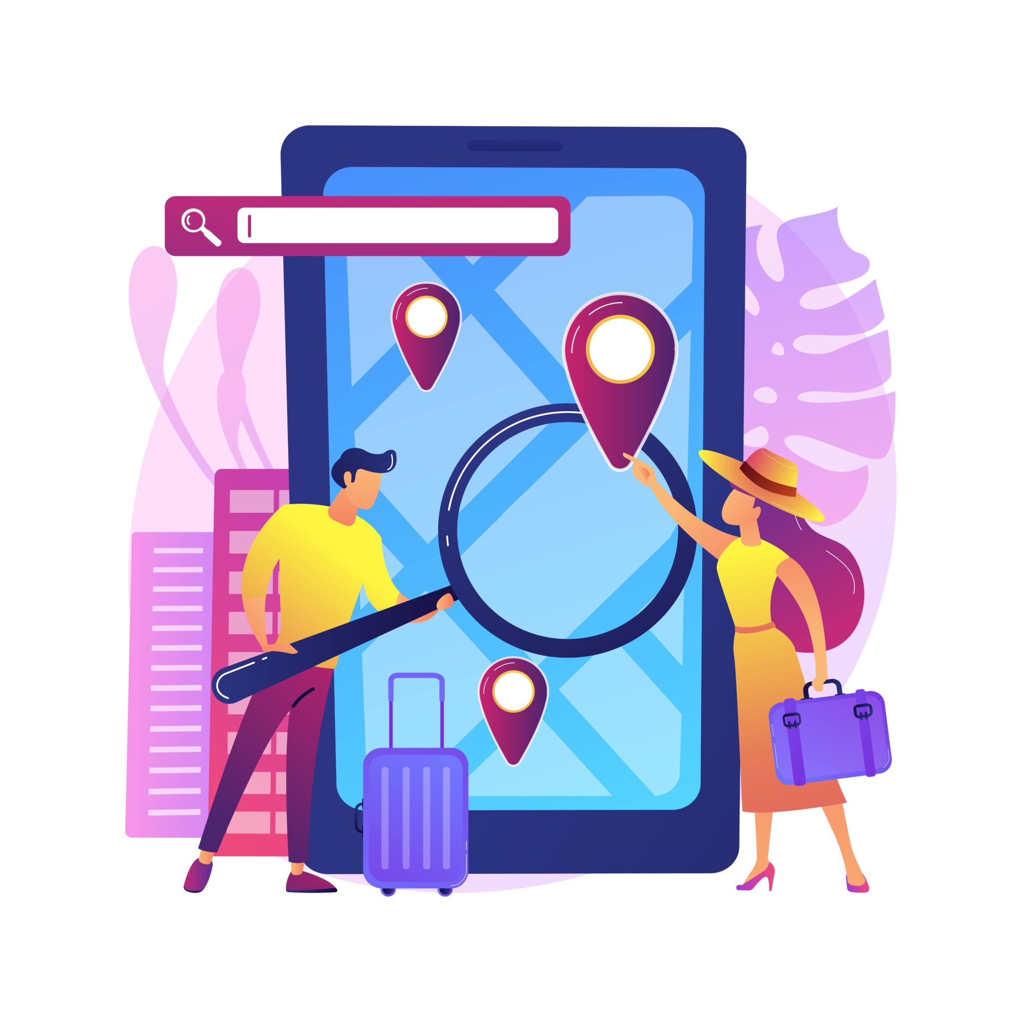 Reisende nutzen eine Standort-App zur Planung ihres Urlaubs. Perfekt für Beiträge zur digitalen Reiseplanung.