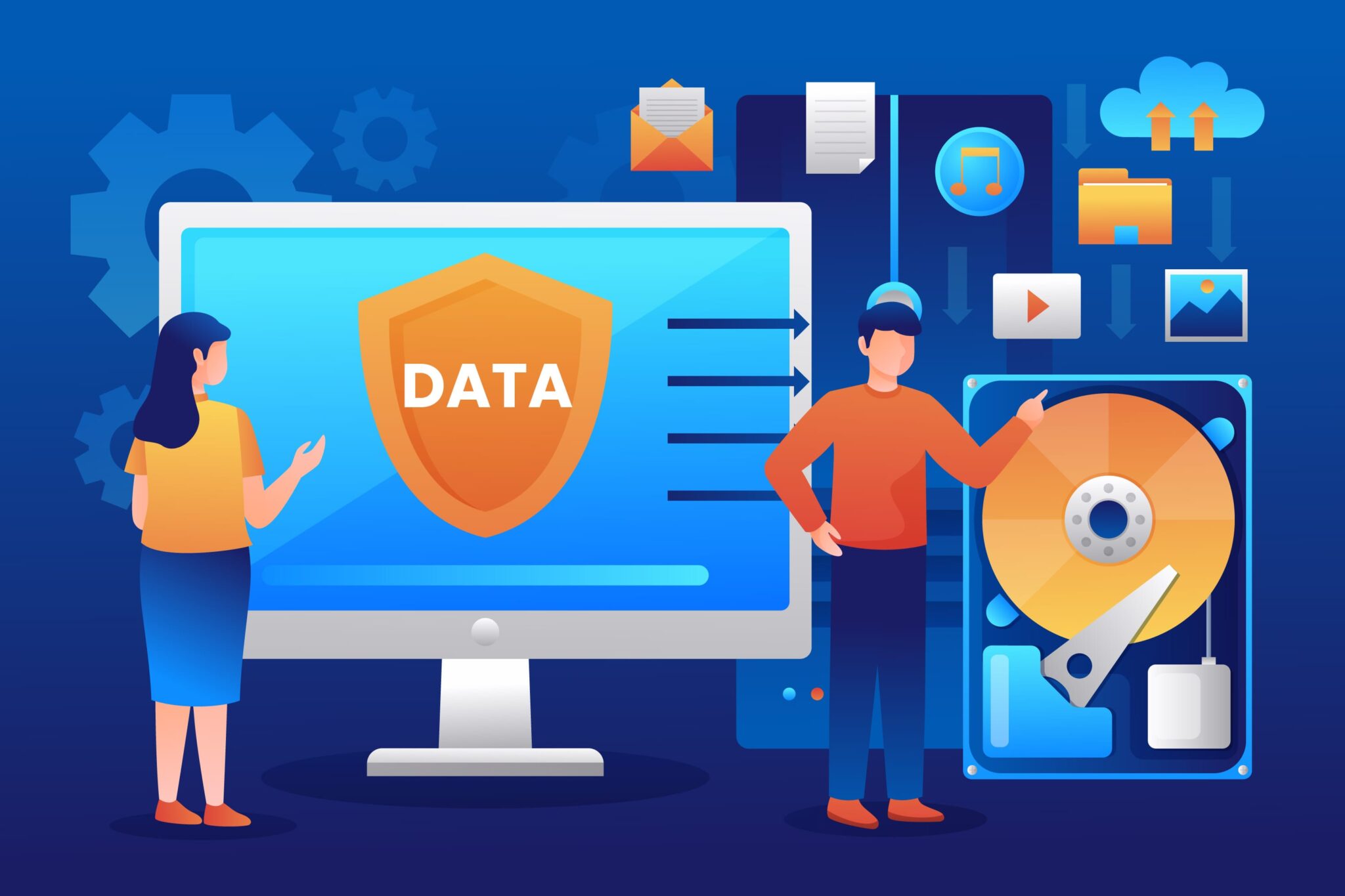 Digitale Datensicherheit: Zwei Personen diskutieren vor Grafik mit Datenschild und Festplatte zum Thema Cloud-Speicherung.