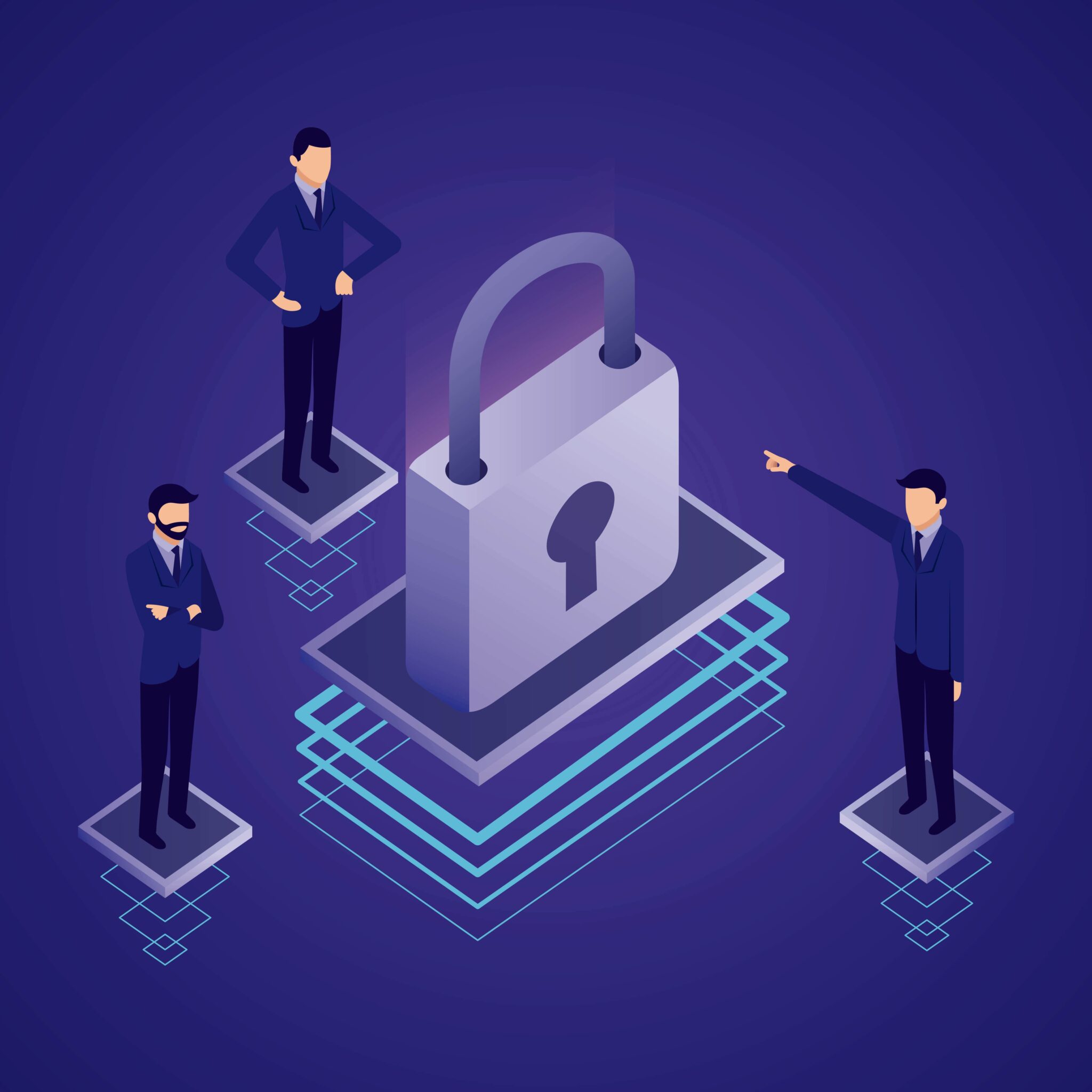 Geschäftsleute um ein Vorhängeschloss, symbolisiert Datensicherheit in der digitalen Welt auf unserer Datenschutzseite.