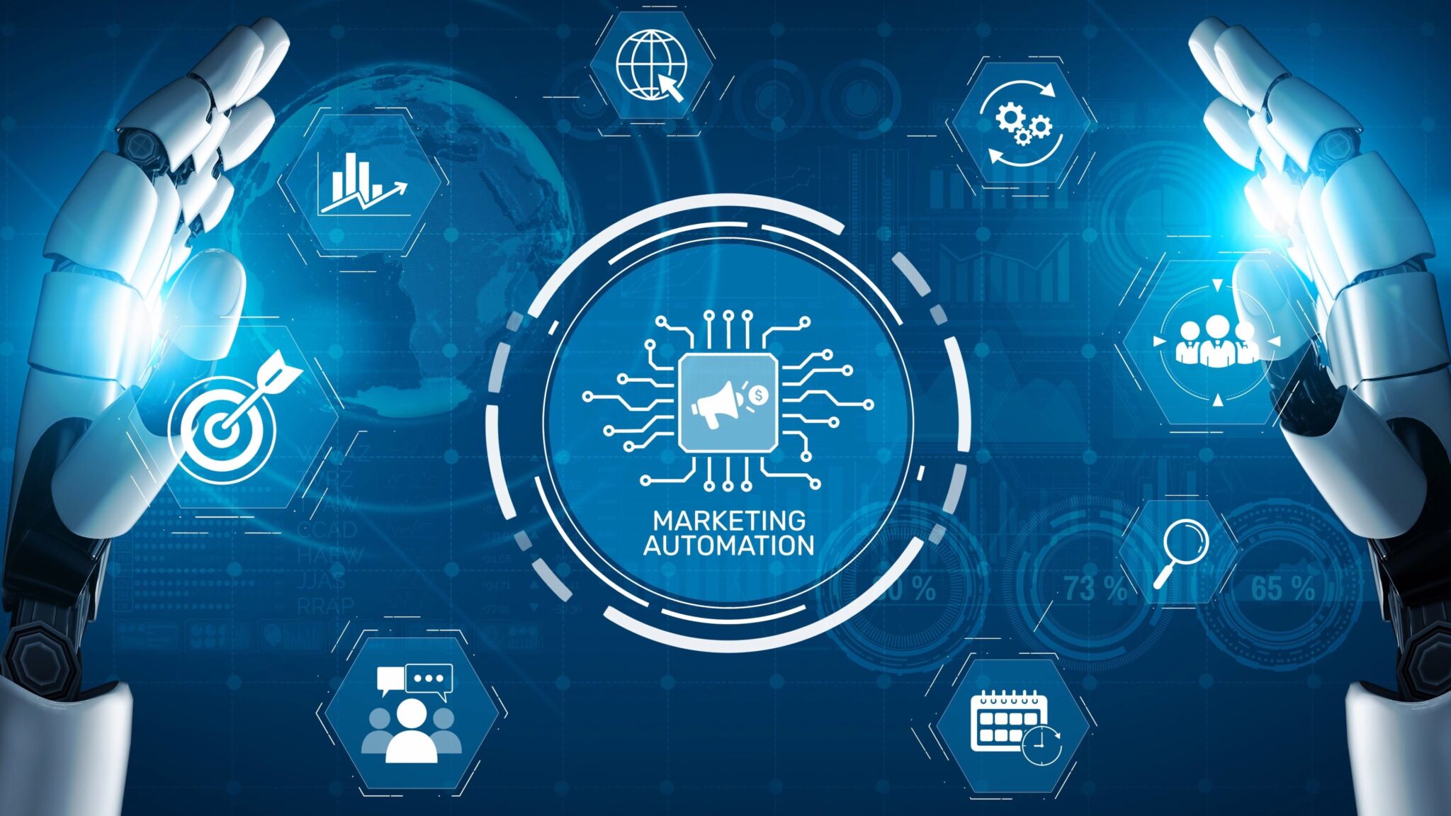 Roboterhände demonstrieren Marketing-Automatisierung, veranschaulichen Effizienz und Zukunft des digitalen Marketings.