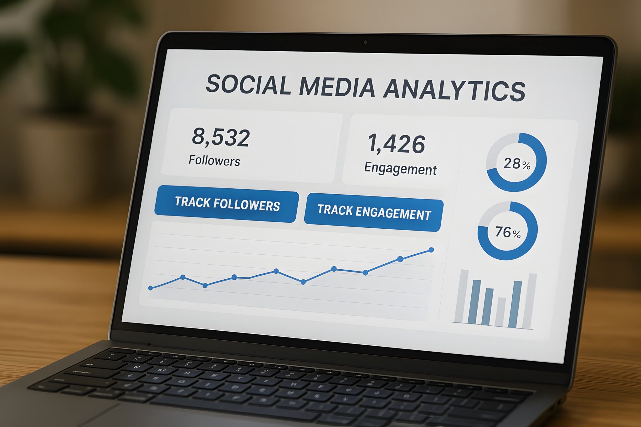 Soziale Medien Analyse auf Laptop-Bildschirm zeigt Follower- und Engagementzahlen. Perfekt für digitales Marketing-Thema.