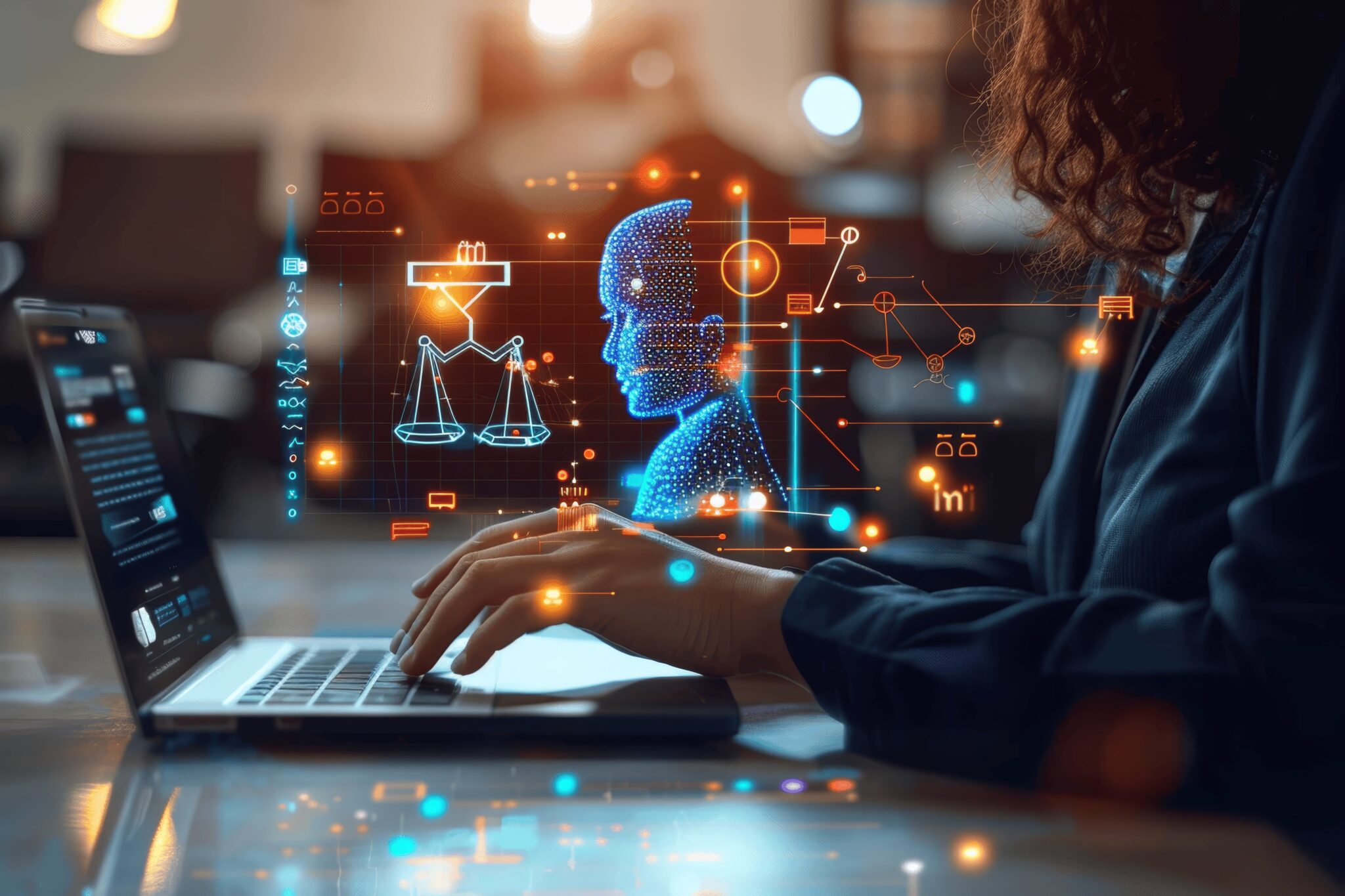 Person tippt auf Laptop mit digitalen Darstellungen von Waage und Kopf, thematisiert KI-Ethik in der Rechtsprechung