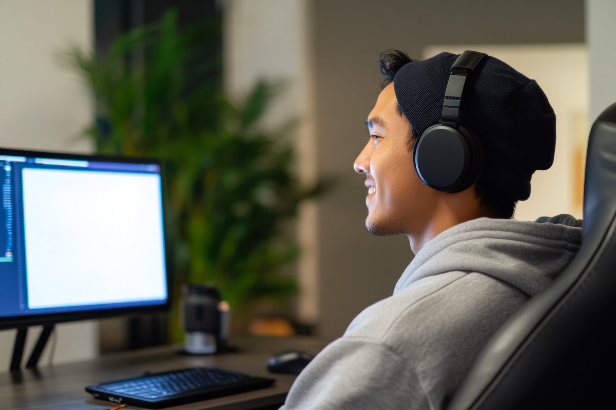 Entwickler mit Kopfhörern am Computer, fokussiert auf Coding-Aufgaben für einen Tech-Blog über Programmierumgebungen.